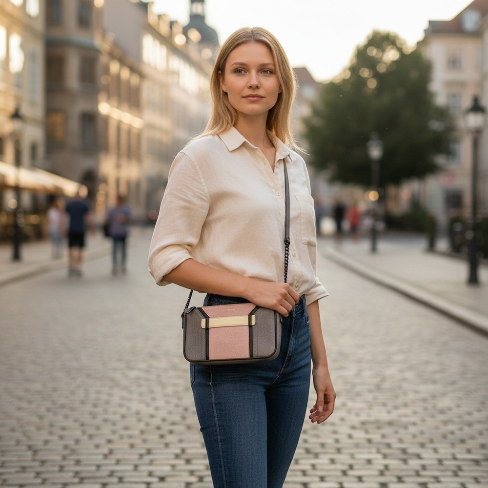Milly Leather Colorblock Crossbody Bag Grey Pink Cream Chain Strap